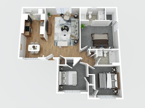A top-down view of a house layout with a living room, kitchen, and bedrooms.